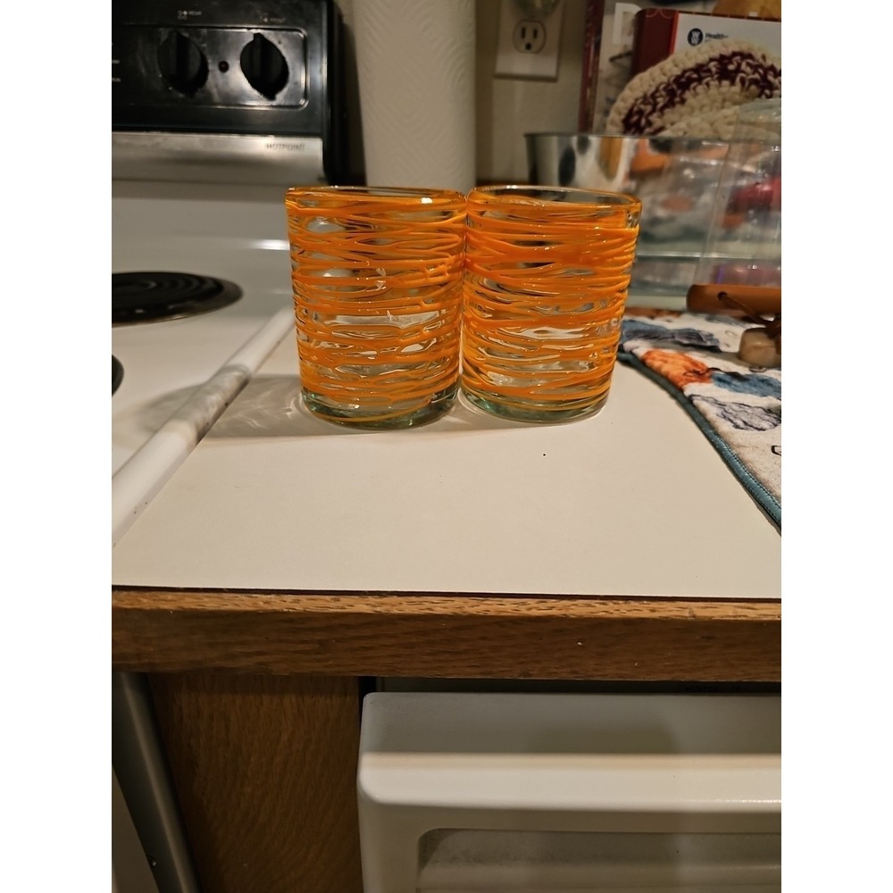 Mexican hand blown Glass Tumblers Orange Swirl Spiral
